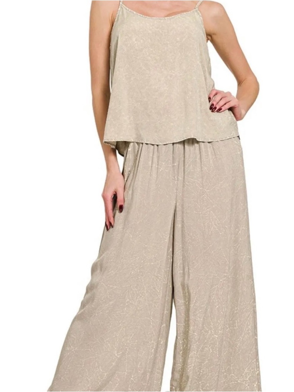 Zenana Crinkle Wash Cami & Pant Set w/ Pockets -Ash Mocha